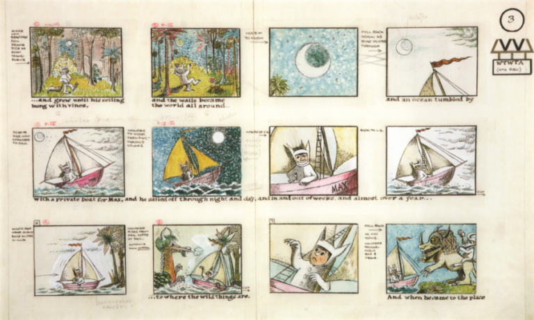 Storyboard de un álbum ilustrado con viñetas, anotaciones y estudios de composición