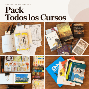 Pack Todos los Cursos: composición con las cuatro imágenes de los cursos de ilustración.